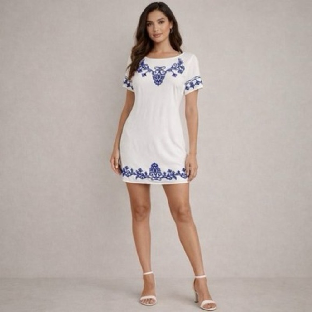 Lulus Tale to Tell Blue and Ivory Embroidered Shift Dress